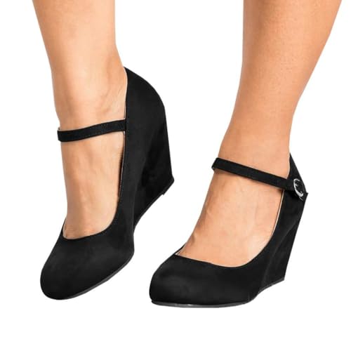 Coutgo Womens Wedge Pumps Dressy Mary Jane Shoes Comfort Wedges Closed Toe Ankle Strap Heeled Shoes2