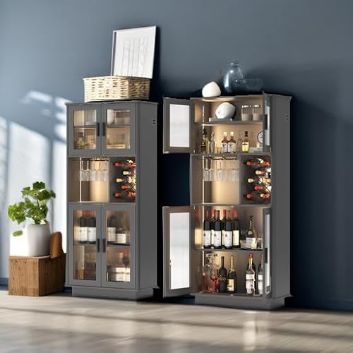 LVSOMT LED Wine Bar Cabinets with Removable Wine Rack, Bar Cabinets for Liquor with Light Motion Sensor, Kitchen Cabinet Storage for Dinning Room, Living Room (Grey)
