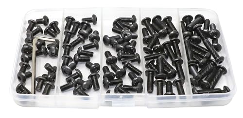 iexcell 100 Pcs M5 x 8/10/12/16/20 Alloy Steel 10.9 Grade Hex Socket Button Head Cap Screws Bolts Assortment Kit, Black Oxide Finish