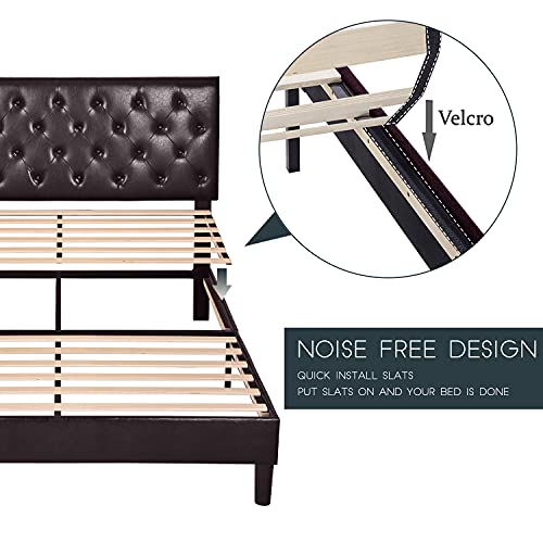 Einfach Queen Platform Bed Frame with Adjustable Faux Leather Diamond Stitched Button Tufted Headboard, Sturdy Wooden Support and No Box Spring Needed, Espresso