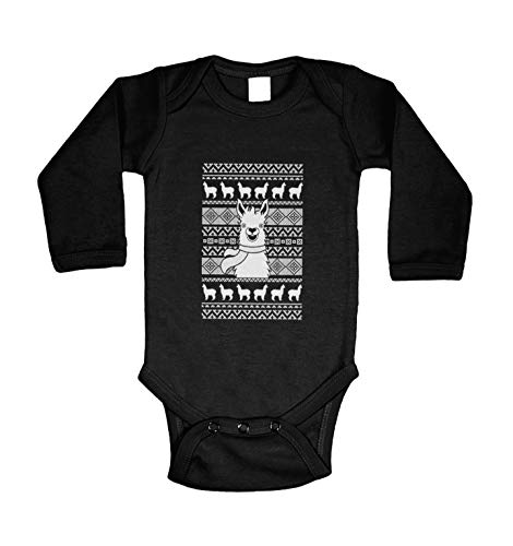 Haase Unlimited LLama Ugly Christmas Sweater Pattern - Long Sleeve Bodysuit (Black, 12 Months)