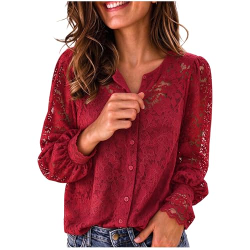 Women Floral Lace Dressy Shirt Button Down Fall Trendy Long Sleeve Top - image 1