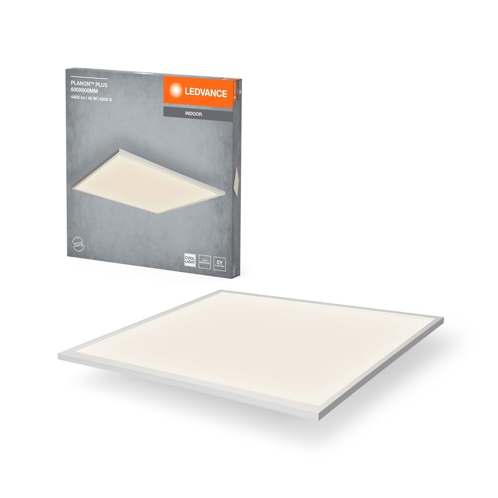 LEDVANCE Planon Plus Deckenleuchte in Weiß mit fortschrittlicher LED-Technik, 36 W, quadratische Form (600 x 600 mm), neutralweiße Lichtfarbe bei 4000 K, Aluminium-Gehäuse, mattierter PMMA-Diffuser
