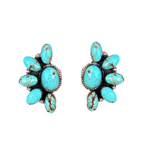 Western Earrings Boho Turquoise Oval Drop Dangle Earrings for Women Beaded Western Flower Teardrop Earrings Vintage Ethnic Alloy Pendant Jewelry Gift