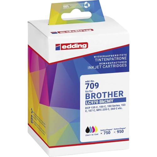 Pack Brother LC-970BKCMY compatible Edding Encre fluide anti-bavure pour documents nets
