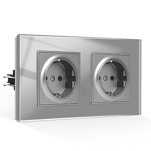 CNBINGO Enchufe doble empotrado con garras Schuko cristal templado color gris de pared 2 enchufes