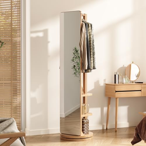 Image of WoodsWhisper Full Length Mirror Coat Rack Solid Wood Floor Mirror 70 inchx16 inch Full Length Mirror with Stand Long Mirrors for Bedroom,Living Room (Natural, 70 inch L x 16 inch W)