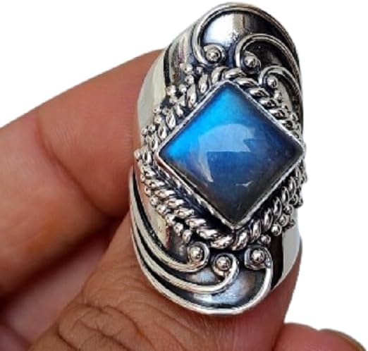 Natural Blue Labradorite Ring, Boho Statement Ring, Designer Gemstone Cushion Ring, 925 Sterling Silver Ring, Gift Ring, Labradorite Jewelry