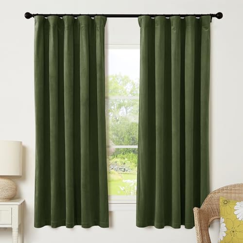 Image of RYB HOME Olive Green Velvet Curtains with Hook Tape, Thermal Insulated Privacy Protect Decorative Drapes for Home Theater, W 52 x L 72 inches, 2 Panels Set | Thermal Insulated, Privacy UV Heat Blocking, Luxurious Drapes, Nursery Dormitory Bathroom, W52 x L72, 2 Panels Set