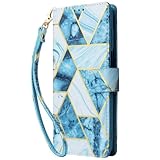 SLLMYYX PU Leder Wallet Case für iPhone 13 Pro 6.1 Zoll mit Handschlaufe & Kickstand, Blau
