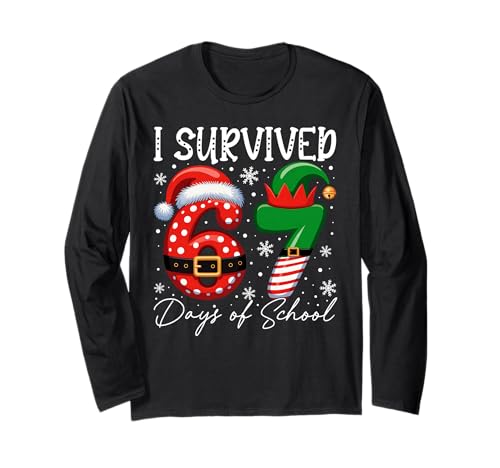 I Survived 67 Day of School Funny 67 Xmas Santa Elf Hat Meme Long Sleeve T-Shirt
