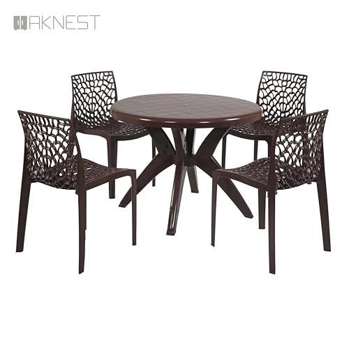 Image of Supreme Web Chair & Marina Table 5-Piece Set | Heavy Duty Plastic 4-Seater Dining Set for Living Room, Garden, Cafe & Outdoor Balcony, Color: Globus Brown