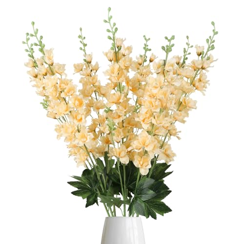 8PCS Delphinium Artificial Flowers Champagne Silk Faux Flowers 33.5'' Long Stem Fake Larkspur Flowers for Tall Vase Home Wedding Garden Table Decor(Champagne)