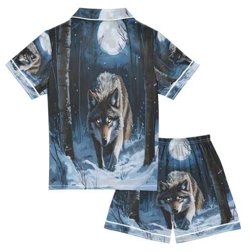 ALAZA Wolf Moon Night Satin Pajamas Set Short Sleeve Button Down Sleepwear Summer Pjs 2 Piece2