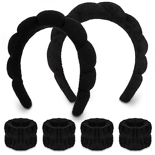 WHAVEL 6PCS Terry Cloth Spa Headband and Wristband Set, Makeup Headband Puffy Sponge Headband Face Wash Headband for Washing Face Women Mom Gifts(Black)
