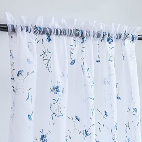Taisier Home Floral White Sheer Curtains Flower Print Vine Embroidery Bedroom Curtain Rod Pocket Voile Window Curtains For Living Room, 52 X 45 Inches Long, Set Of 2 Panels,Blue Buds With Green Branch #TOP7