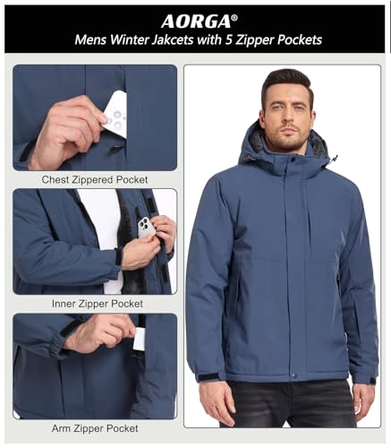 Image of Mens Skiing Jackets Winter Waterproof Snow Jackets Fleece Lined Insulated Heavy Parka Jackets Coats with Hoode