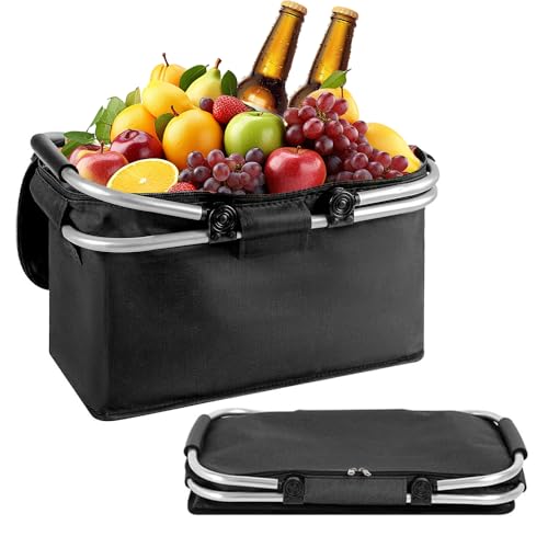 Lotvic Panier de courses pliable, 18 litres, sac isotherme, baguettes en aluminium, poignées et fermeture éclair, voyage, pique-nique