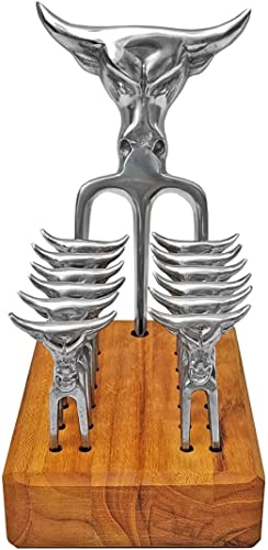 Kit Churrasco Garra Garfo Tridente Mini Base Madeira (Tridente + 12 Mini + Base)