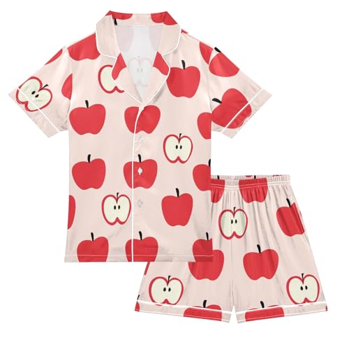 Cartoon Cute Apple Print Summer Satin Pajama Set, Cute Button-Down Sleepwear Pj Set for Sleep Wears