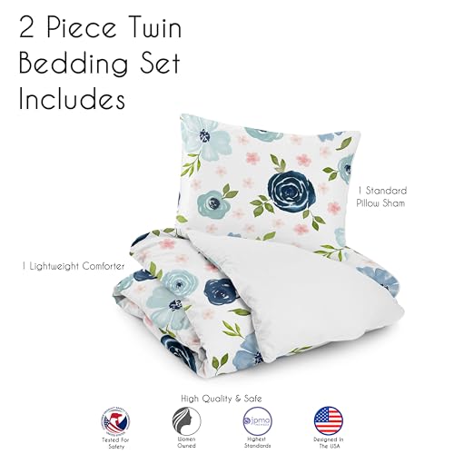 Image of Sweet Jojo Designs 2-Piece Twin Comforter Set (Blue /Pink Boho Floral) for Girls, Kids, Teen, College Bed Room incl. Single Size Bedding & Sham (Watercolor, Flower, Elegant Rose, Farmhouse, Blush Navy)