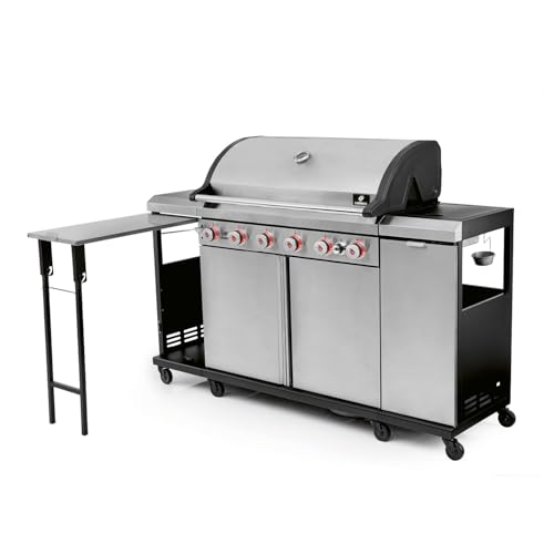 LANDMANN Barbacoa de gas 6.1 con 6 quemadores, zona MaxX, gran superficie de parrilla y rejillas de hierro fundido, potente parrilla para jardín y exterior, con reguladores LED y mesa lateral para una