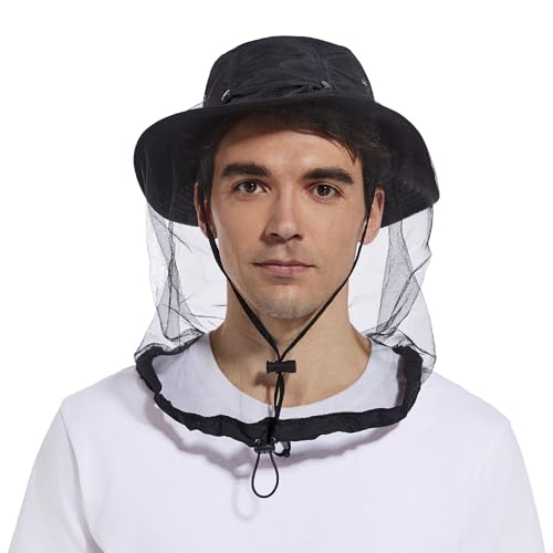 Mosquito Net Hat - Bug Cap UPF 50+ Sun Protection with Hidden Netting Outdoors for Men and Women Black