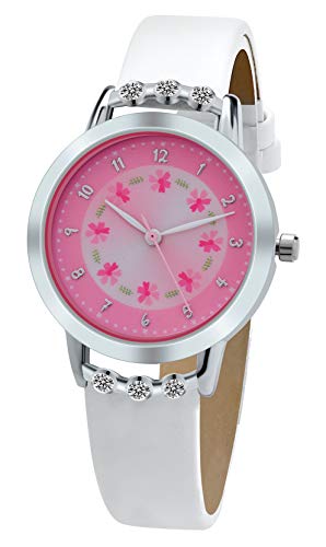 WUTAN Girls Watch Adorable White Leather Strap Wrist Band Flowers Dial with Diamond Cute Watch for Girls Casual Waterproof Wristwatches for Kids Reloj para Niños Niñas
