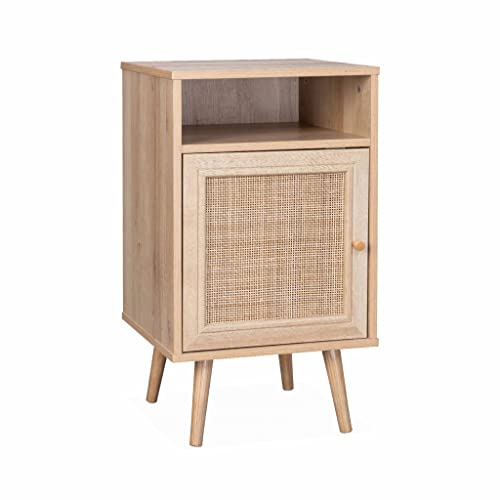 Alice's Home - Table de Chevet en cannage Coloris Naturel - Bohème - 40x39x70cm. Naturel - 2 Niveaux - 1 Porte - 1 Espace de Rangement - Pieds scandinaves