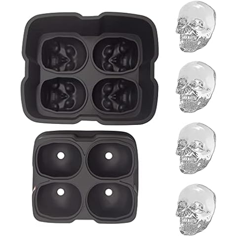 3D Skull Ice Cube Trays, 4 Cavity Super Flexible Ice Ball Maker with Lids, Ice Cube Molds for Cocktails and Homemade, Whiskey, Juice and Any Drinks- Reusable & BPA Free-Keep Drinks Chilled Cover