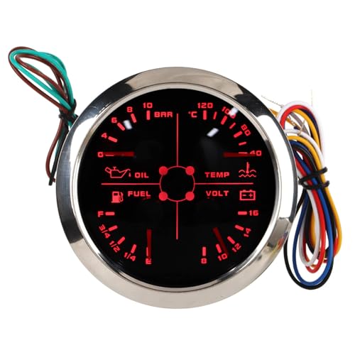 Keenso Kraftstoffstandsanzeige, 4in1 85 Mm Anzeige Multifunktions-Kraftstoffstand Öldruck Wassertemperatur Voltmeter DC 8 Bis 16 V für Auto Wohnmobil Boot Motorrad (Schwarz °C/BAR)