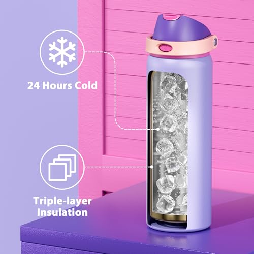 Image of 32 oz Insulated Water Bottle for Women: Meoky Stainless Steel Metal Water Bottle with 2-in-1 Straw and Spout Lid - Leak Proof, Cold for 24 Hours, Protective Silicone Base, BPA-Free for Sports, Orchid