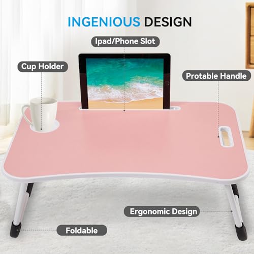Image of BUYIFY Folding Lap Desk, 23 Inch Portable Wood Blue Laptop Bed Desk Lap Desk with Cup Holder, for Working Reading Writing, Eating, Watching Movies for Bed Sofa Couch Floor-Pink 02