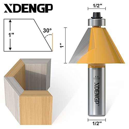 Image of 30 Degree Chamfer Router Bit with 1 Inch Cutting Length,1 /2 Inch Shank Carbide Edge Forming Bevel Router Bit with Bearing, Chamfer Bit Miter Angle Milling Cutters Tool