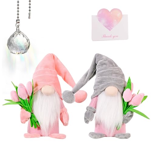 Lotvic Grazioso gnomo con tulipani, 2 pezzi gnomi primavera tulipani decorazione per interni, festa della mamma, ringraziamento, dimensioni 37 x 8 x 6 cm (rosa + grigio)