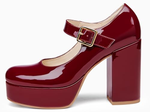 Image of Coutgo Womens' T-Strap Round Toe Chunky Platform Heels Patent Mary Jane Dress Shoes