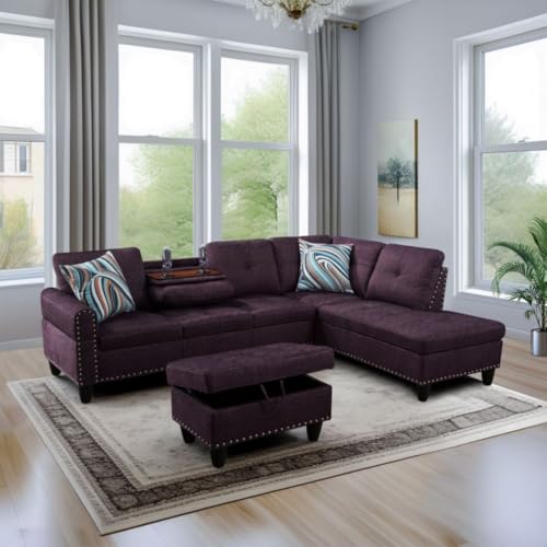 Image of L-Shaped 3-Piece Linen Sofa with Ottoman, Sectional Couch Set for Living Room, Office, Apartment, with Cup Holder, Purple