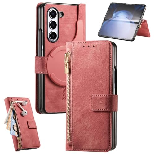 Étui pour Samsung Z Fold 6 portefeuille rose avec poche zippée et fentes cartes