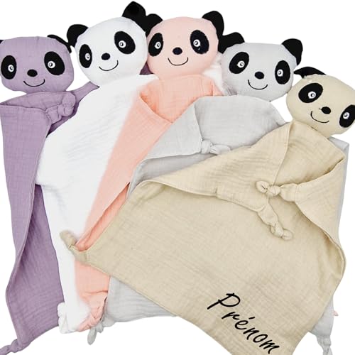 Doudou Panda Plat Personnalisé avec Prénom – Gaze de Coton Douce – Doudou Textile Léger – Coloris au Choix – Cadeau Personnalisé