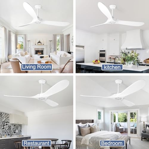 Image of Solid Wood Ceiling Fans no Light,60'' White Ceiling Fan with Remote Control,DC Motor with Large Airflow,Indoor and Outdoor Ceiling Fan for Living Room,Bedroom,Patios