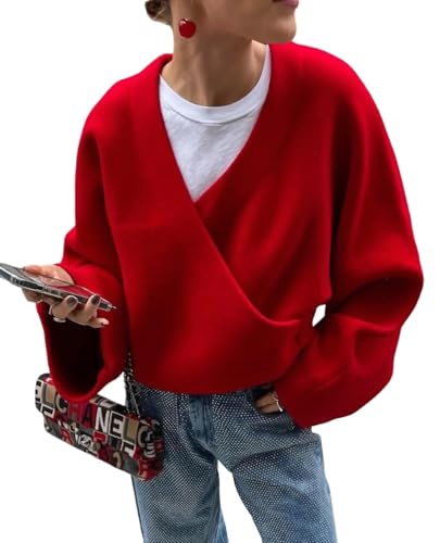 CHARTOU Women Cross Front Crop Pullover Sweater Oversized V Neck Lantern Long Sleeve Knit Jumper Tops(Large