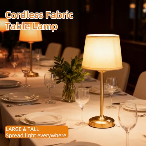 Deogos Cordless Table Lamp Gold with Dimmer, 4000mAH Battery Operated Lamp Rechargeable, 3 Color Temperature Touch Control Fabric Desk Light for Dining Room, Bedroom, Bar, Patio, Counter, Restaurant - Thumbnail 5
