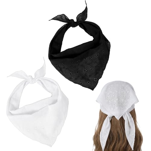Image of Xindojuz 2 PCS White & Black Head Scarf Headband for Women's Hair, Bandanas for Women, Lace Hair Scarf Bandana Headbands, Cute Stylish Women Girls Head Kerchief Scarves Summer Accessories