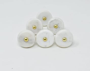 Round Stone Brass Knobs | Pull Handles | Drawer Knobs | Furniture Knobs | Cabinet Knobs | Gold | Natural Stone | Brass Handles White - Set of 6