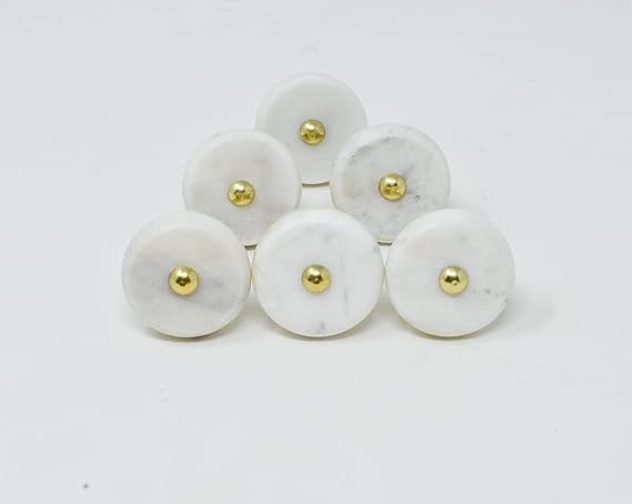 Round Stone Brass Knobs | Pull Handles | Drawer Knobs | Furniture Knobs | Cabinet Knobs | Gold | Natural Stone | Brass Handles White - Set of 6