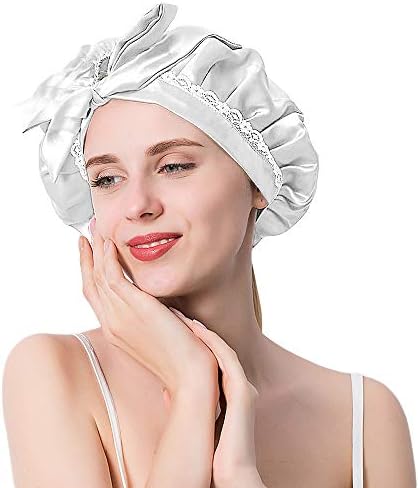 Satin Bonnet-Premium, Extra Large Satin Sleep Bonnet Cap, Double Layered, Reversible, Multi Color, Adjustable Satin Cap, Large size Fits Most (White)