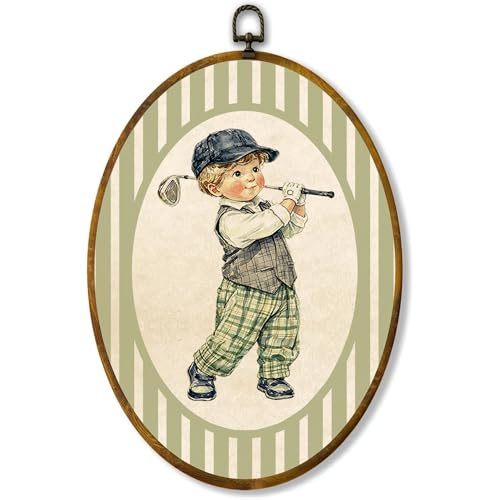 zewepri Golf Boy Oval Canvas Wall Art, Rustic Sports Nursery Decor