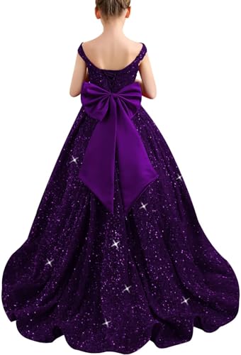 Off Shoulder Sequin Pageant Dresses for Girls Long Ball Gown with Bow Formal Prom Party Dress with Train