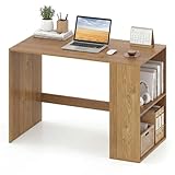 COSTWAY Bureau 112 x 60 cm, Table d'Ordinateur avec 2 Étagères Latérales Ouvertes & Plateau de Travail Spacieux, Poste de Travail en Bois avec Rangement, pour Bureau, Chambre (Naturel)