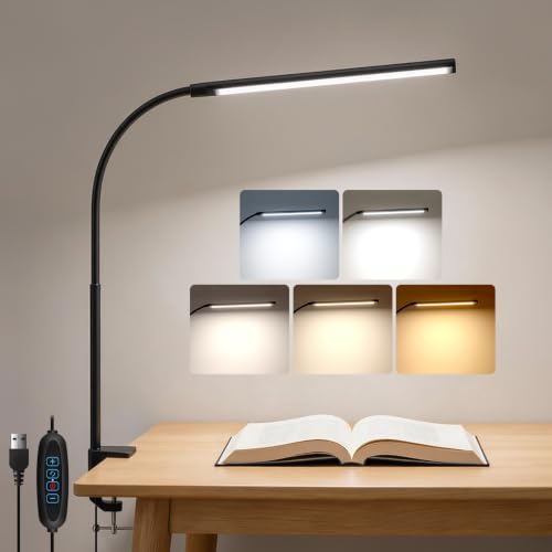 Akynite 54 LED Clamp Desk Lamp with Timer, 5 Colours 10 Brightness, Clip on Reading Light, USB Powered Clip on Lamp for Sewing Craft, Eye Caring Clamp Desk Light for Home Office, Black